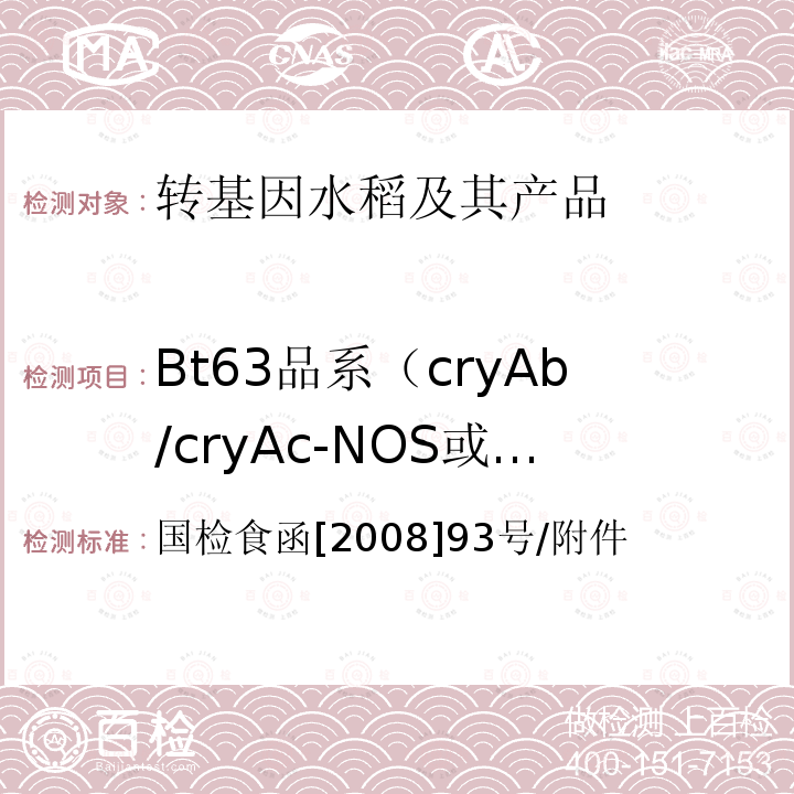 Bt63品系（cryAb/cryAc-NOS或cryAb/c-NOS)或Btc Bt63品系（cryAb/cryAc-NOS或cryAb/c-NOS)或Btc 国检食函[2008]93号/附件