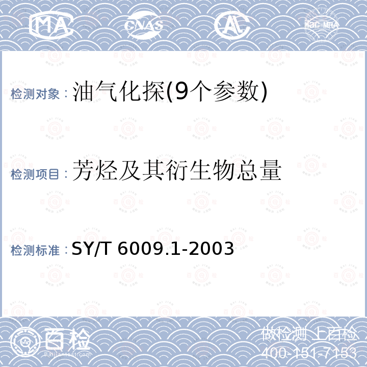 芳烃及其衍生物总量 SY/T 6009.1-2003 油气化探试样测定方法 第1部分:酸解烃测定 气相色谱法