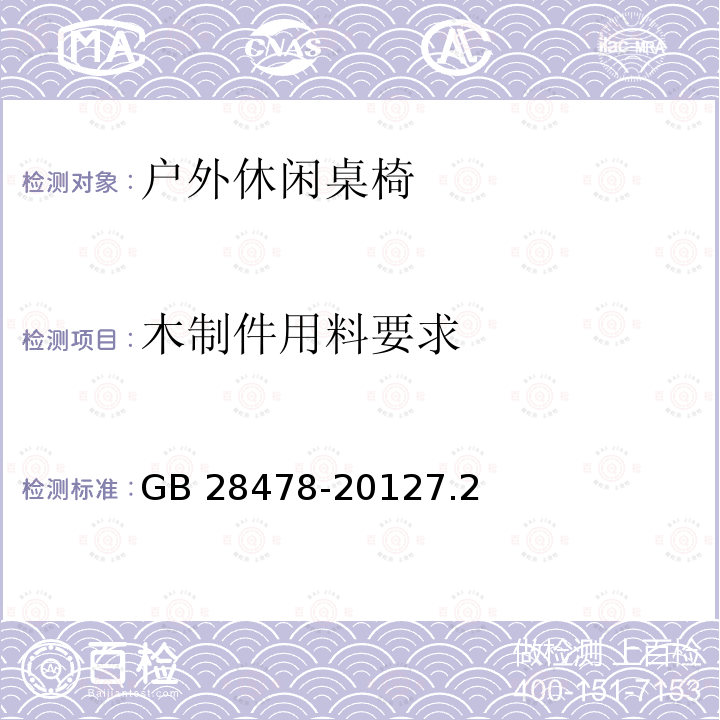 木制件用料要求 GB 28478-2012 户外休闲家具安全性能要求 桌椅类产品