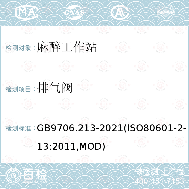 排气阀 GB 9706.213-2021 医用电气设备  第2-13部分：麻醉工作站的基本安全和基本性能专用要求