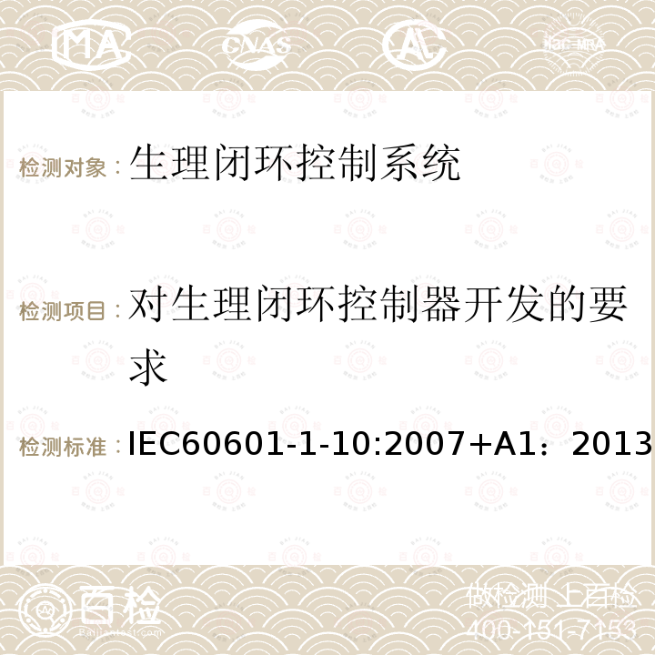 对生理闭环控制器开发的要求 IEC 60601-1-10-2007 医用电气设备 第1-10部分:基本安全和基本性能通用要求 并列标准:生理闭环控制器研制的要求