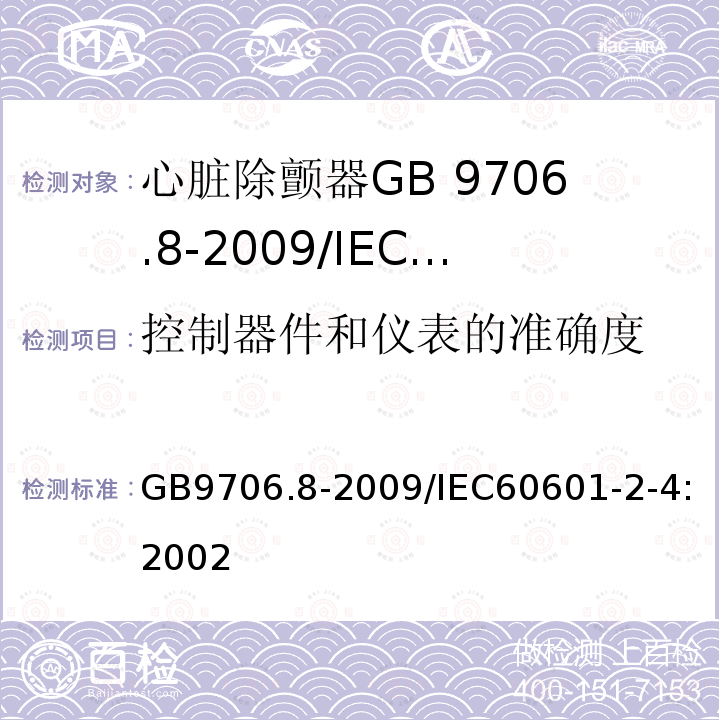 控制器件和仪表的准确度 GB 9706.8-2009 医用电气设备 第2-4部分:心脏除颤器安全专用要求