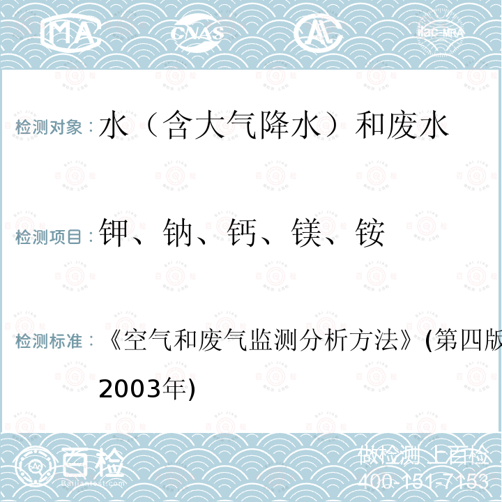 钾、钠、钙、镁、铵 空气和废气监测分析方法  《》(第四版)国家环境保护总局(2003年)