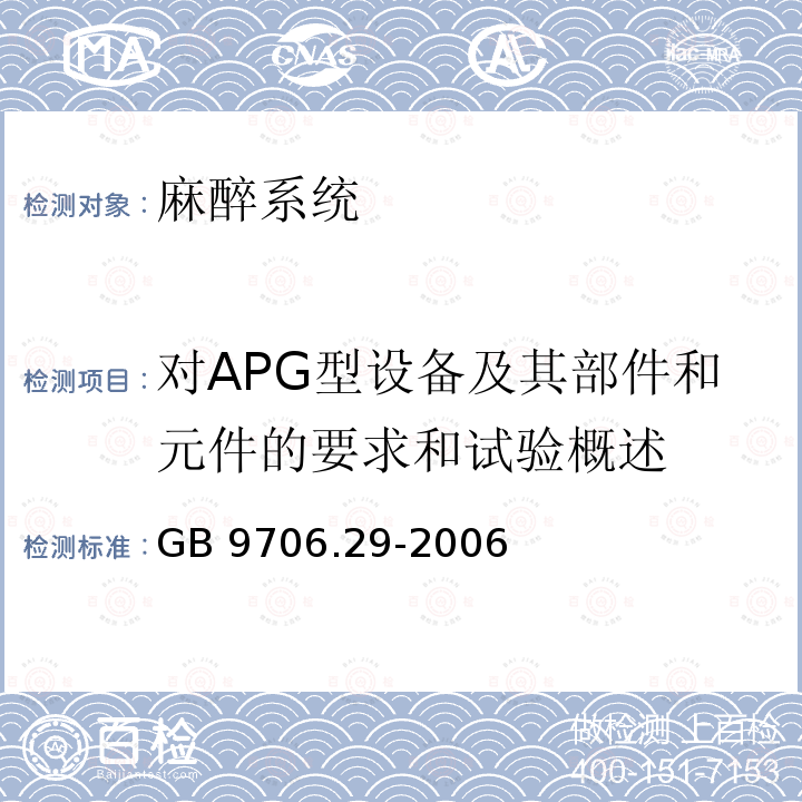 对APG型设备及其部件和元件的要求和试验概述 GB 9706.29-2006 医用电气设备 第2部分:麻醉系统的安全和基本性能专用要求