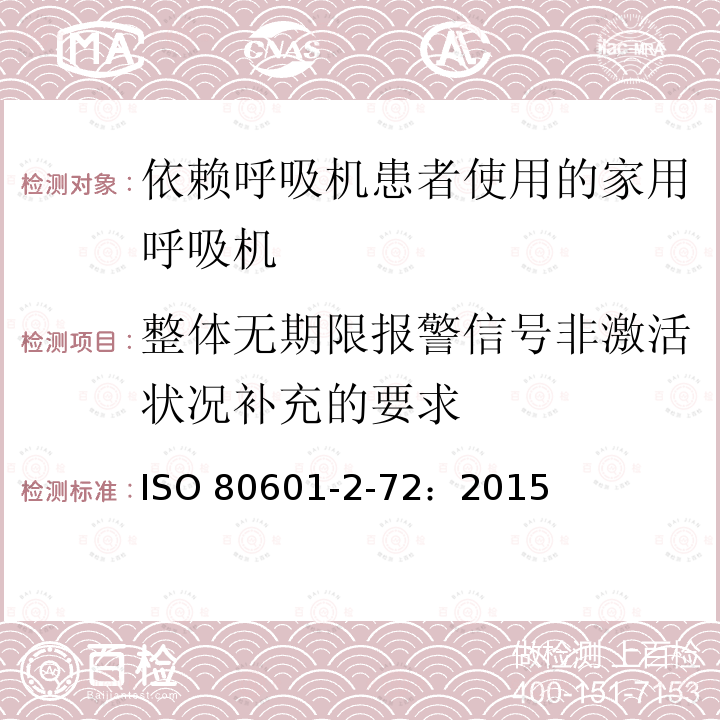 整体无期限报警信号非激活状况补充的要求 ISO 80601-2-72：2015  