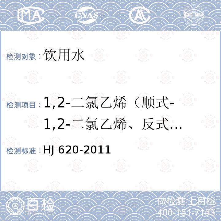 1,2-二氯乙烯（顺式-1,2-二氯乙烯、反式-1,2-二氯乙烯） HJ 620-2011 水质 挥发性卤代烃的测定 顶空气相色谱法