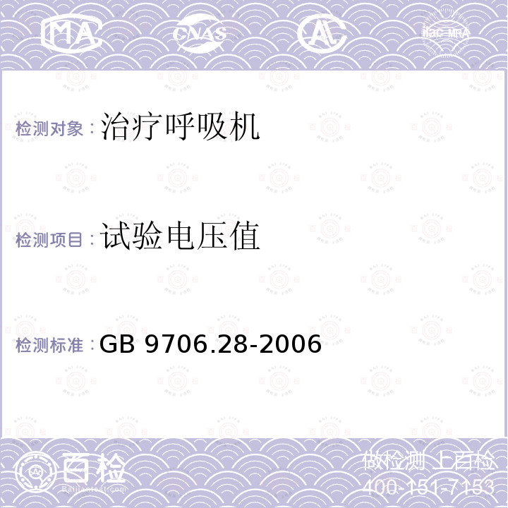 试验电压值 GB 9706.28-2006 医用电气设备 第2部分:呼吸机安全专用要求 治疗呼吸机