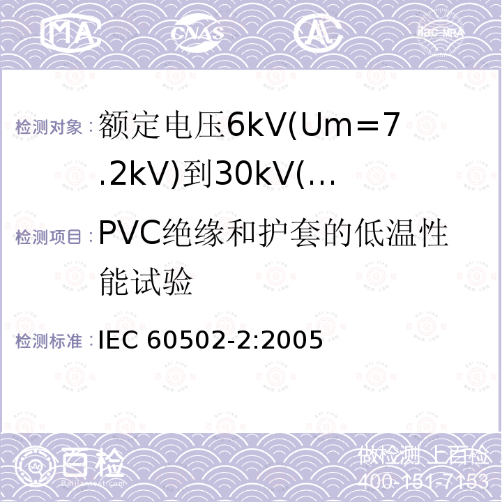 PVC绝缘和护套的低温性能试验 IEC 60502-2-2005 额定电压1kV(Um=1.2kV)到30kV(Um=36kV)挤包绝缘电力电缆及附件 第2部分:额定电压6kV(Um=7.2kV)到30kV(Um=36kV)电缆