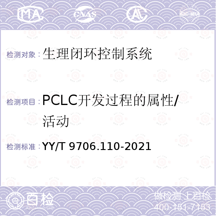 PCLC开发过程的属性/活动 YY/T 9706.110-2021 医用电气设备 第1-10部分：基本安全和基本性能的通用要求 并列标准：生理闭环控制器开发要求