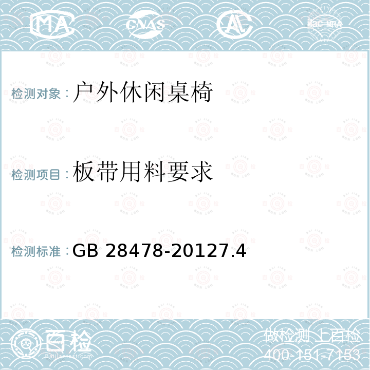 板带用料要求 GB 28478-2012 户外休闲家具安全性能要求 桌椅类产品