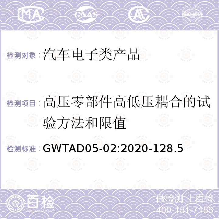 高压零部件高低压耦合的试验方法和限值 GWTAD05-02:2020-128.5  