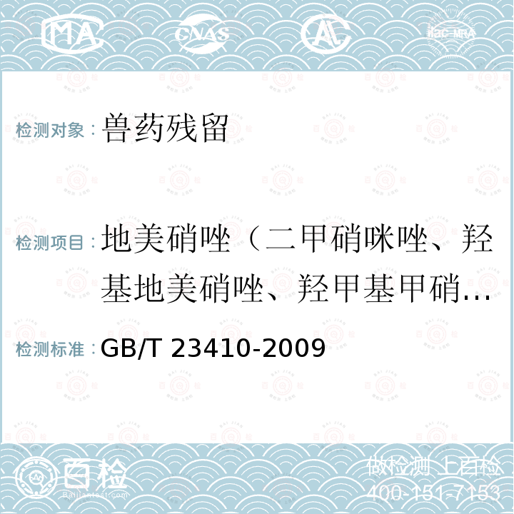 地美硝唑（二甲硝咪唑、羟基地美硝唑、羟甲基甲硝唑、2-羟甲基-1-甲基-5-硝基咪唑、二甲硝唑） GB/T 23410-2009 蜂蜜中硝基咪唑类药物及其代谢物残留量的测定 液相色谱-质谱/质谱法