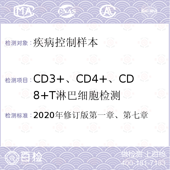 CD3+、CD4+、CD8+T淋巴细胞检测 CD3+、CD4+、CD8+T淋巴细胞检测 2020年修订版第一章、第七章