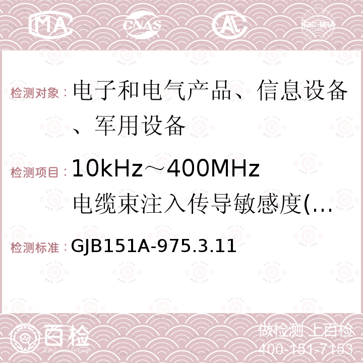 10kHz～400MHz电缆束注入传导敏感度(CS114) 10kHz～400MHz电缆束注入传导敏感度(CS114) GJB151A-975.3.11