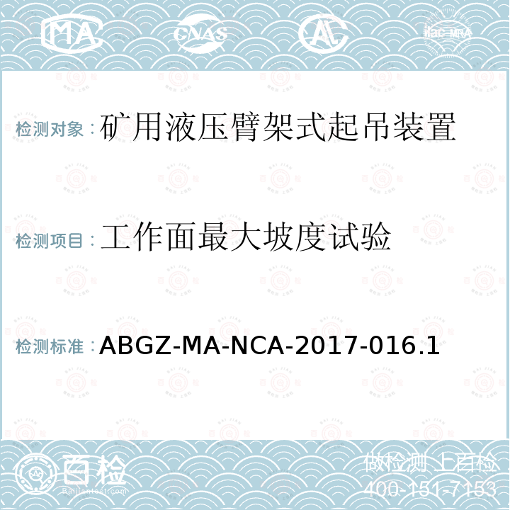 工作面最大坡度试验 ABGZ-MA-NCA-2017-016.1  