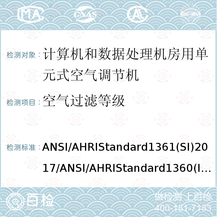 空气过滤等级 空气过滤等级 ANSI/AHRIStandard1361(SI)2017/ANSI/AHRIStandard1360(I-P)2017