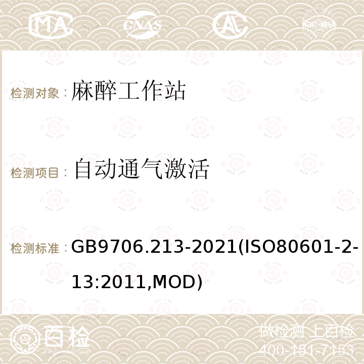 自动通气激活 GB 9706.213-2021 医用电气设备  第2-13部分：麻醉工作站的基本安全和基本性能专用要求