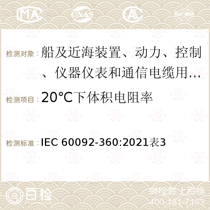 20℃下体积电阻率 20℃下体积电阻率 IEC 60092-360:2021表3