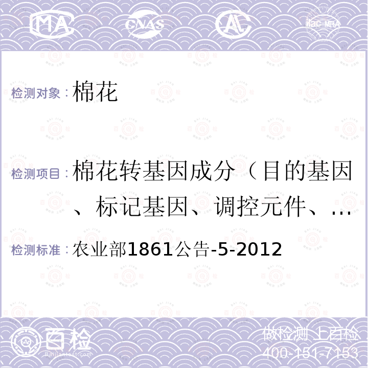 棉花转基因成分（目的基因、标记基因、调控元件、外源蛋白、转化事件、基因构建 棉花转基因成分（目的基因、标记基因、调控元件、外源蛋白、转化事件、基因构建 农业部1861公告-5-2012