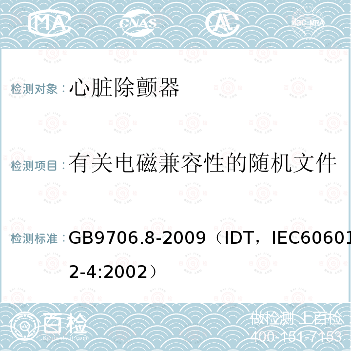 有关电磁兼容性的随机文件 GB 9706.8-2009 医用电气设备 第2-4部分:心脏除颤器安全专用要求