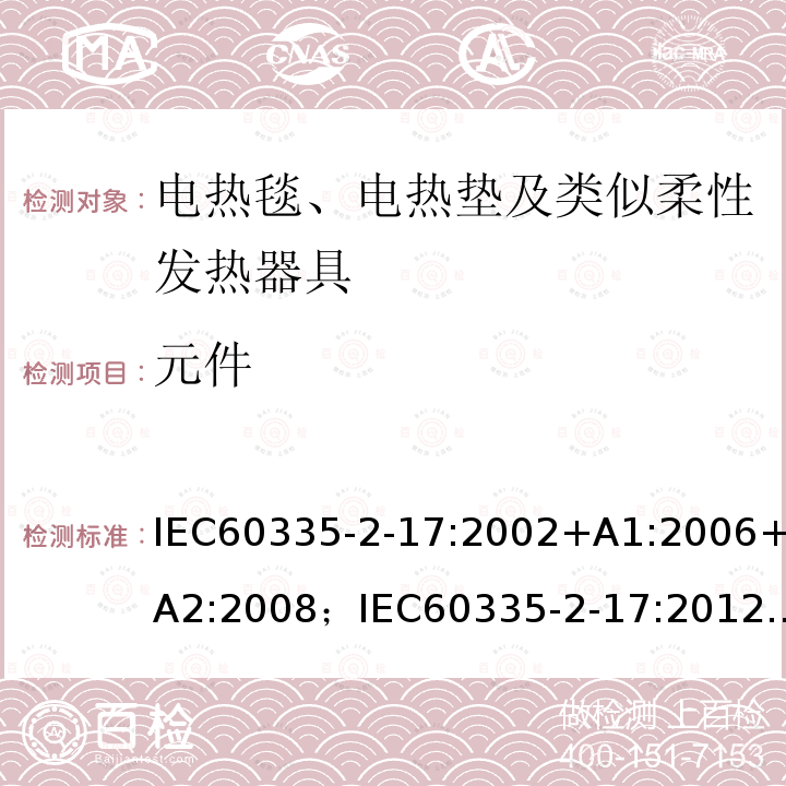 元件 元件 IEC60335-2-17:2002+A1:2006+A2:2008；IEC60335-2-17:2012+A1:201524