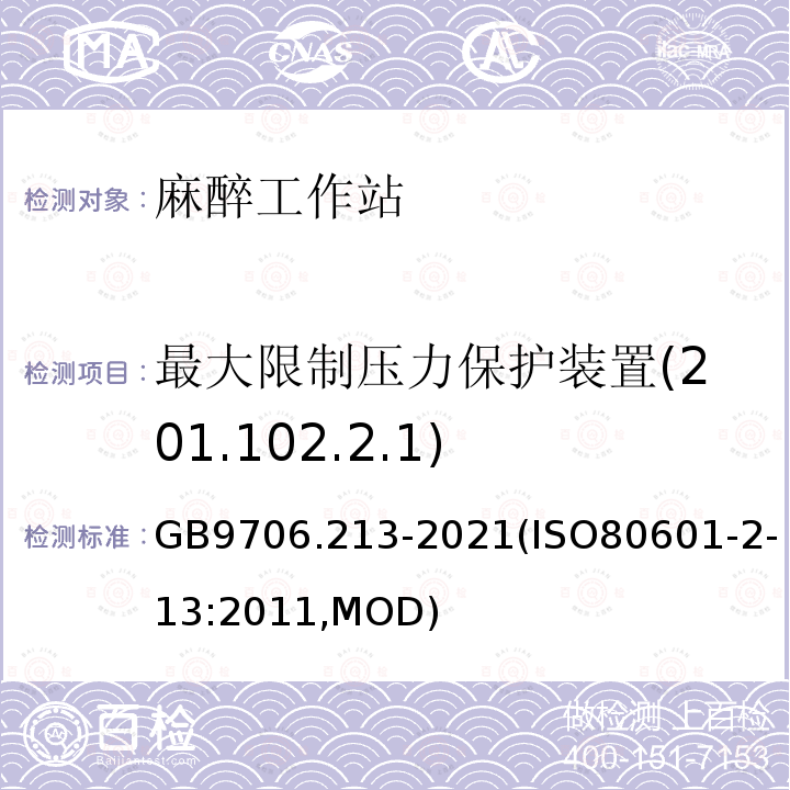 最大限制压力保护装置(201.102.2.1) GB 9706.213-2021 医用电气设备  第2-13部分：麻醉工作站的基本安全和基本性能专用要求