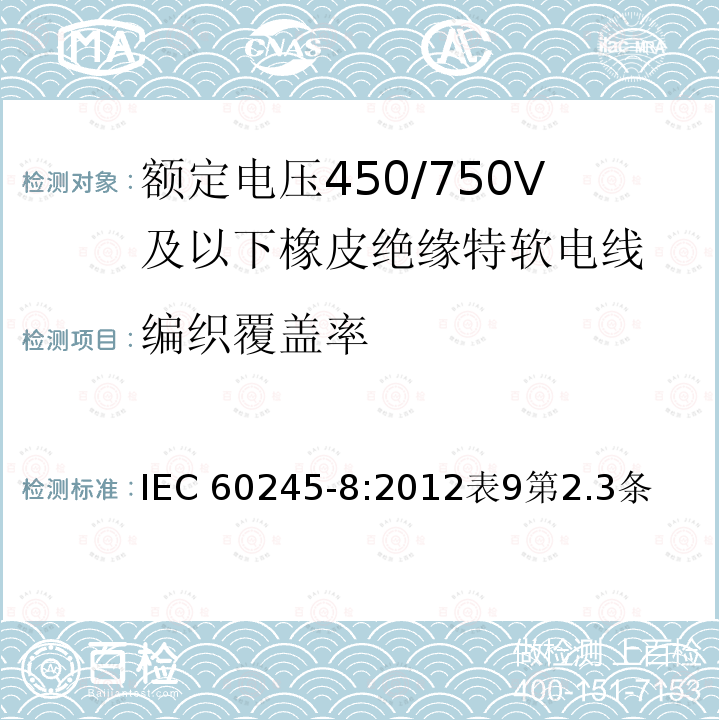编织覆盖率 IEC 60245-8:2012  表9第2.3条