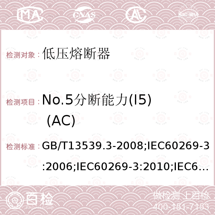 No.5分断能力(I5) (AC) GB/T 13539.3-2008 【强改推】低压熔断器 第3部分:非熟练人员使用的熔断器的补充要求(主要用于家用和类似用途的熔断器) 标准化熔断器系统示例A至F