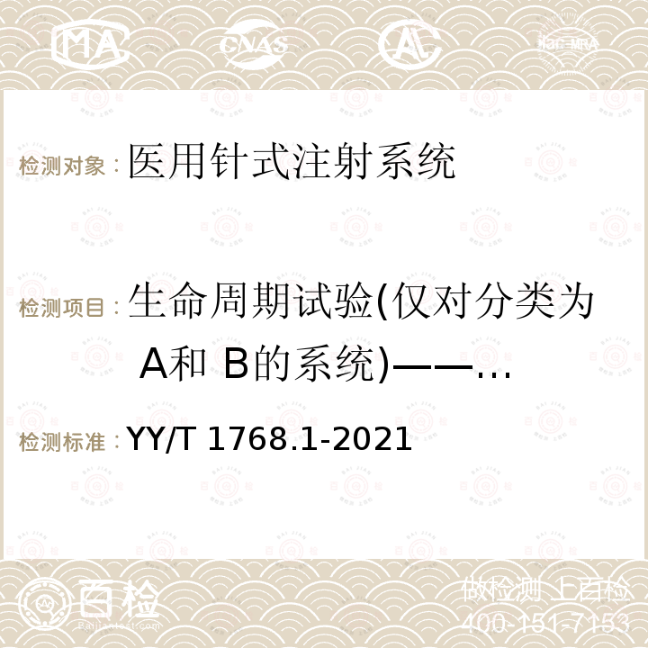 生命周期试验(仅对分类为 A和 B的系统)———预处理 YY/T 1768.1-2021 医用针式注射系统 要求和试验方法 第1部分：针式注射系统