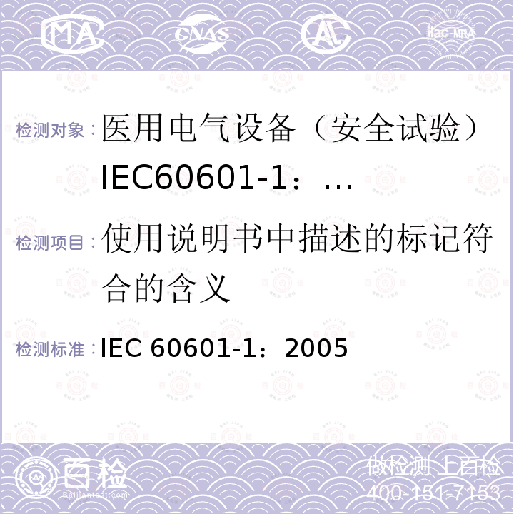 使用说明书中描述的标记符合的含义 使用说明书中描述的标记符合的含义 IEC 60601-1：2005