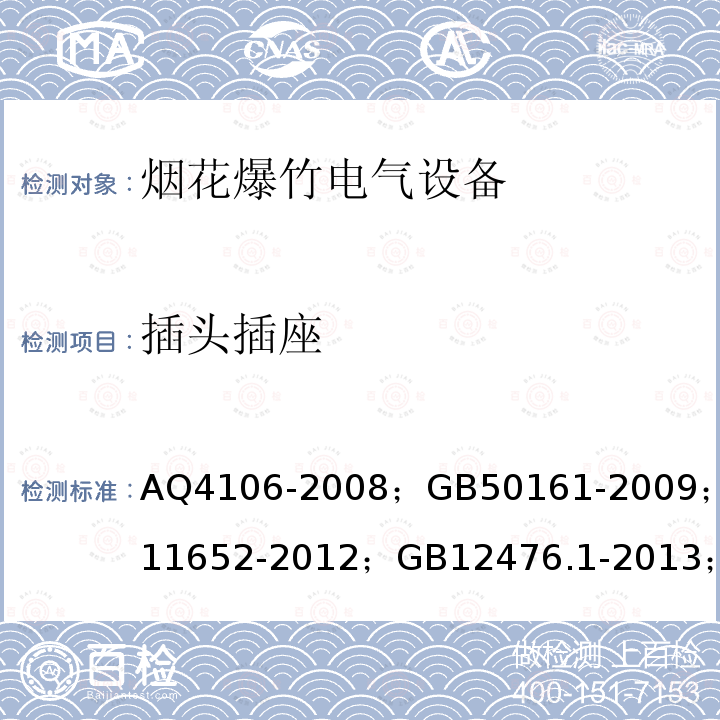 插头插座 Q 4106-2008  AQ4106-2008；GB50161-2009；GB11652-2012；GB12476.1-2013；GB50058-2014；GB3836.1~10-2010； AQ4115-2011