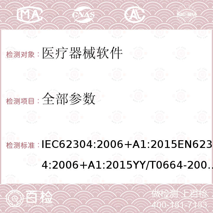 全部参数 全部参数 IEC62304:2006+A1:2015EN62304:2006+A1:2015YY/T0664-2008BSEN62304-2006+A1-2015