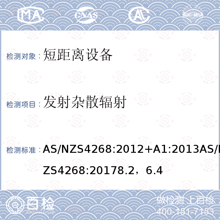 发射杂散辐射 发射杂散辐射 AS/NZS4268:2012+A1:2013AS/NZS4268:20178.2，6.4