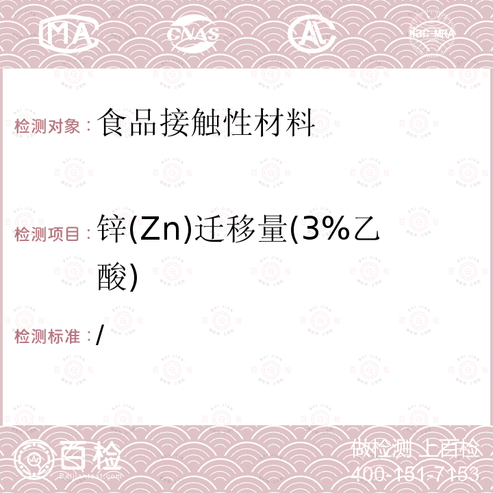 锌(Zn)迁移量(3%乙酸) / 锌(Zn)迁移量(3%乙酸) 