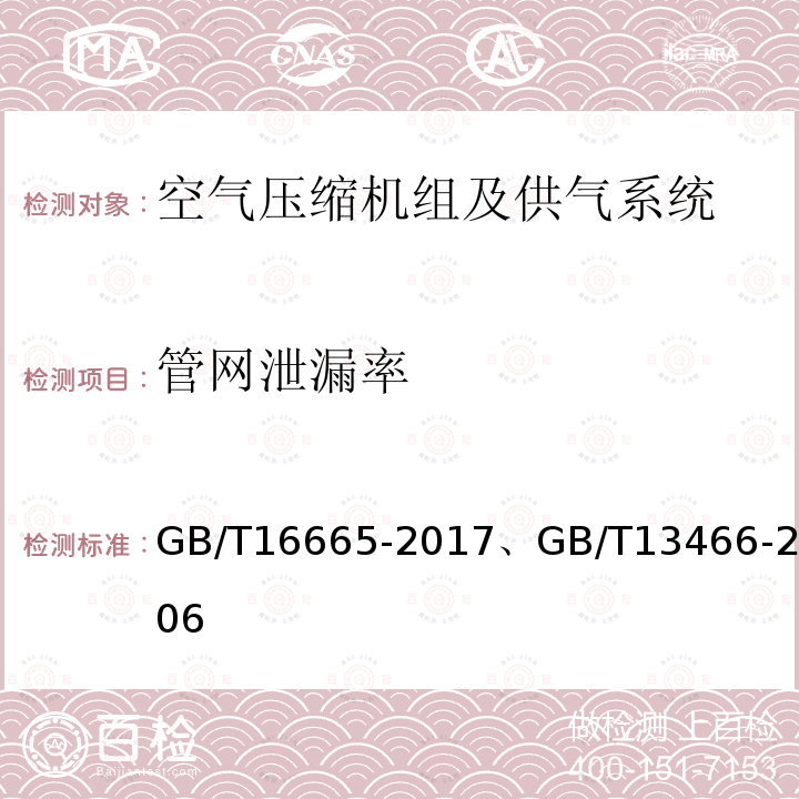 管网泄漏率 GB/T 16665-2017 空气压缩机组及供气系统节能监测