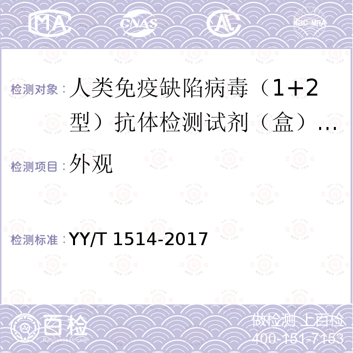 外观 YY/T 1514-2017 人类免疫缺陷病毒（1+2型）抗体检测试剂盒（免疫印迹法）