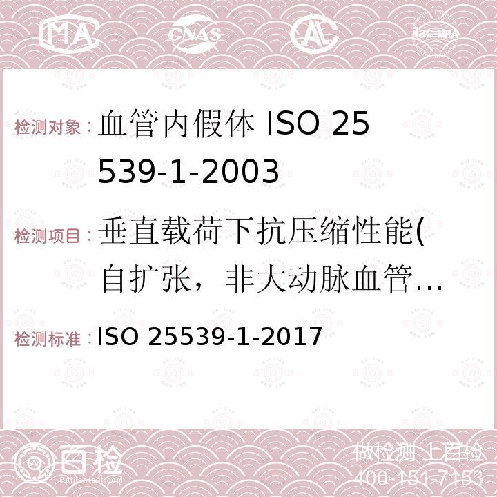 垂直载荷下抗压缩
性能(自扩张，非大
动脉血管内假体） 垂直载荷下抗压缩 性能(自扩张，非大 动脉血管内假体） ISO 25539-1-2017