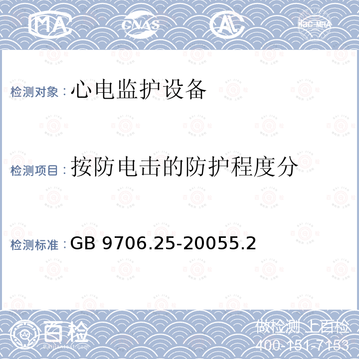 按防电击的防护程度分 GB 9706.25-2005 医用电气设备 第2-27部分:心电监护设备安全专用要求