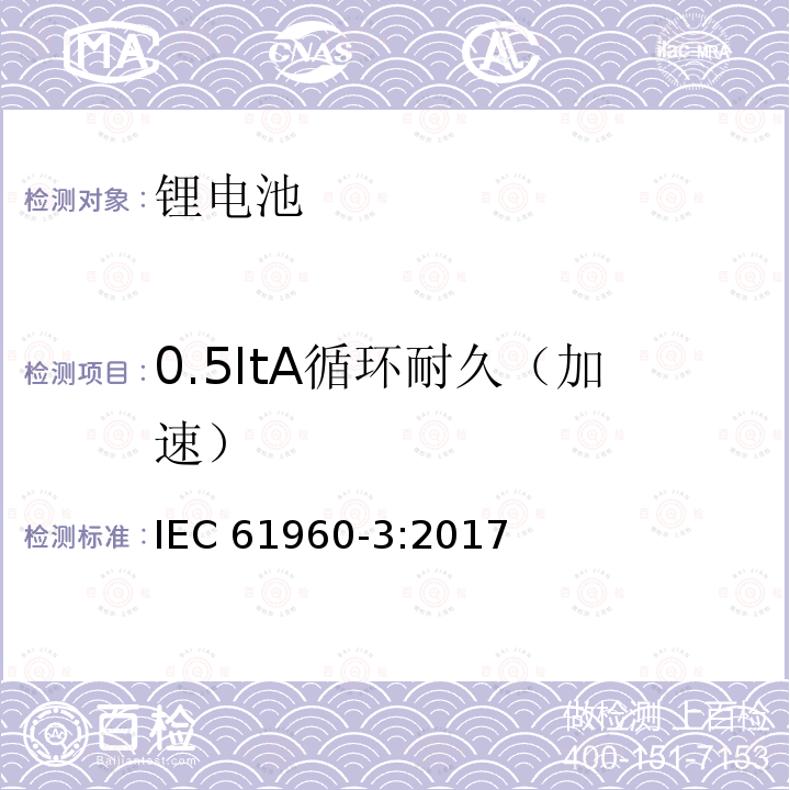 0.5ItA循环耐久（加速） 0.5ItA循环耐久（加速） IEC 61960-3:2017