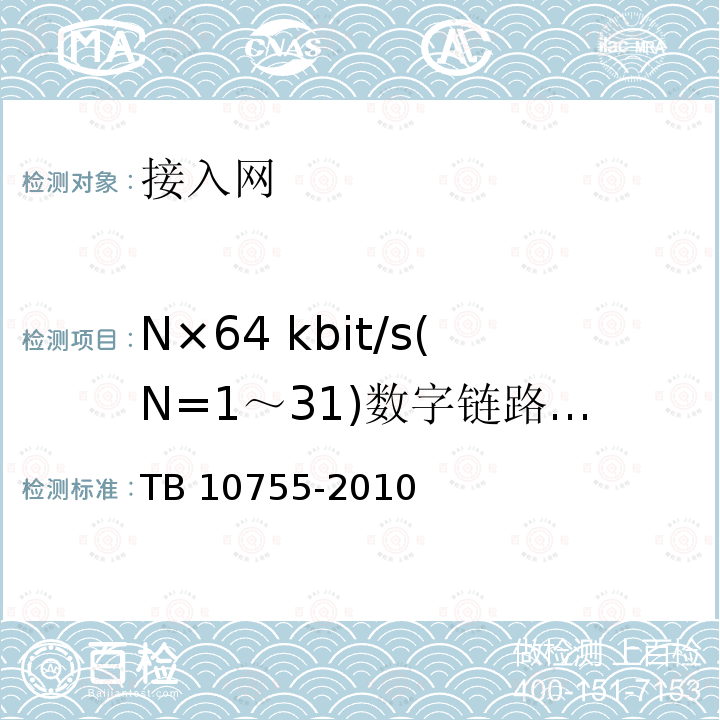 N×64 kbit/s(N=1～31)数字链路的误码性能指标 TB 10755-2010 高速铁路通信工程施工质量验收标准
(附条文说明)(包含2014修改单)