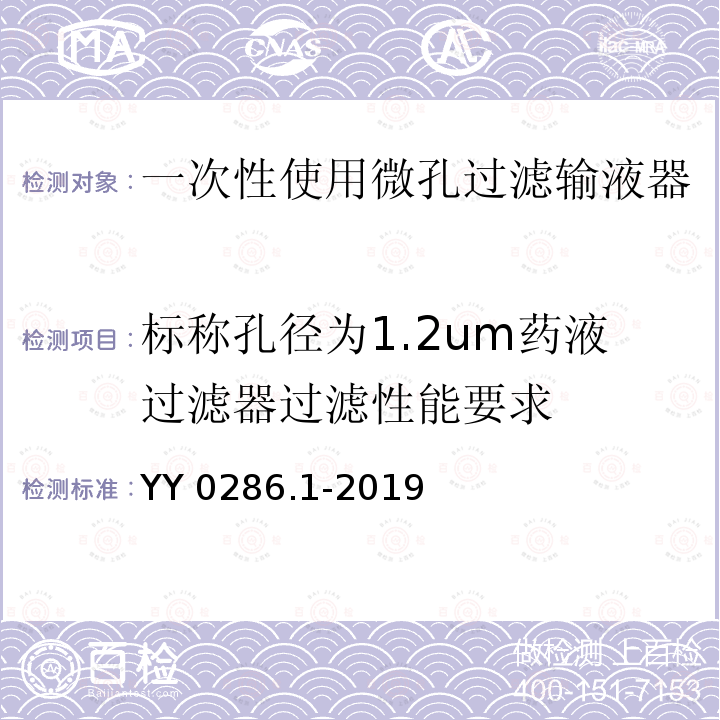 标称孔径为1.2um药液过滤器过滤性能要求 YY 0286.1-2019 专用输液器 第1部分：一次性使用微孔过滤输液器