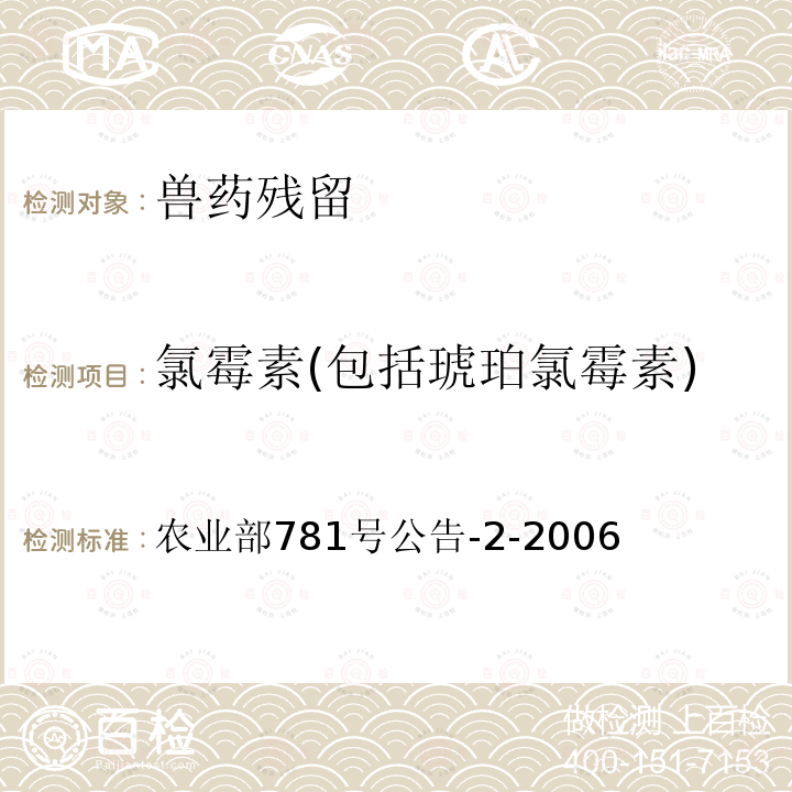 氯霉素(包括琥珀氯霉素) 农业部781号公告-2-2006 氯霉素(包括琥珀氯霉素) 