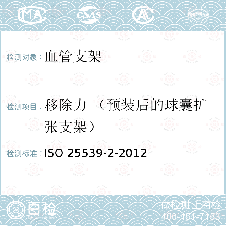 移除力 （预装后的球囊扩张支架） 移除力 （预装后的球囊扩张支架） ISO 25539-2-2012