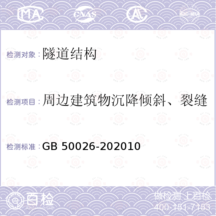 周边建筑物沉降倾斜、裂缝 周边建筑物沉降倾斜、裂缝 GB 50026-202010