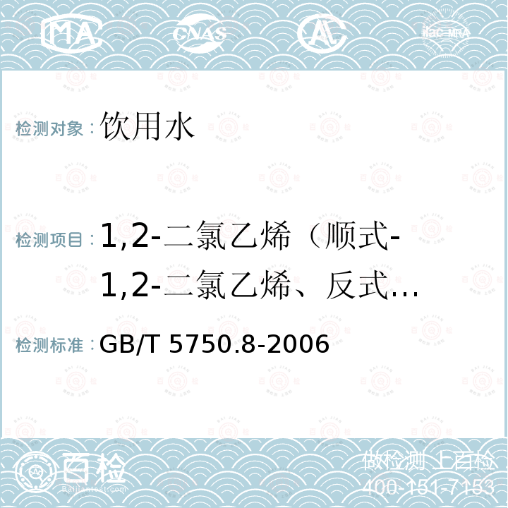 1,2-二氯乙烯（顺式-1,2-二氯乙烯、反式-1,2-二氯乙烯） GB/T 5750.8-2006 生活饮用水标准检验方法 有机物指标