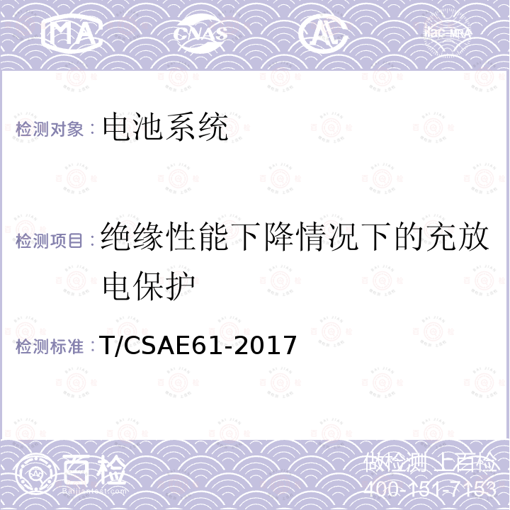 绝缘性能下降情况下的充放电保护 CSAE 61-2017  T/CSAE61-2017