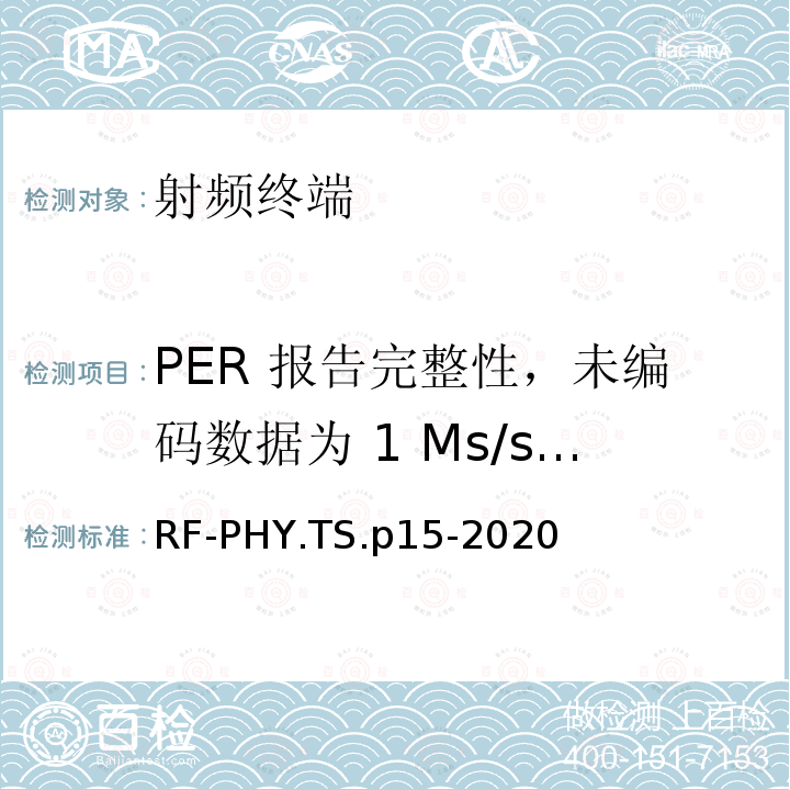 PER 报告完整性，未编码数据为 1 Ms/s，稳定的调制指数 PER 报告完整性，未编码数据为 1 Ms/s，稳定的调制指数 RF-PHY.TS.p15-2020