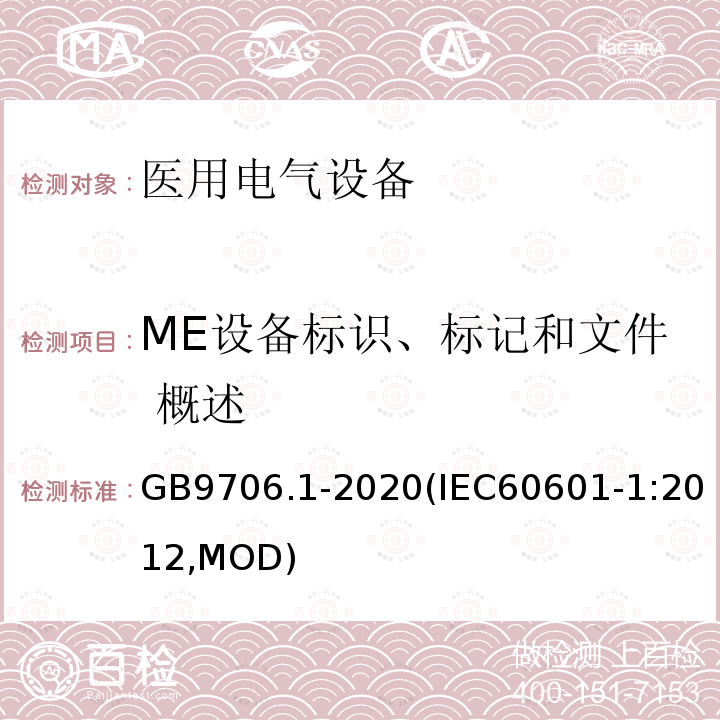 ME设备标识、标记和文件 概述 ME设备标识、标记和文件 概述 GB9706.1-2020(IEC60601-1:2012,MOD)