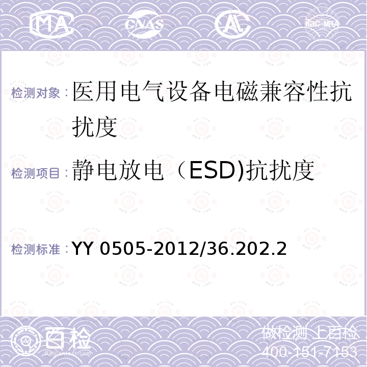 静电放电（ESD)抗扰度 YY 0505-2012 医用电气设备 第1-2部分:安全通用要求并列标准:电磁兼容要求和试验