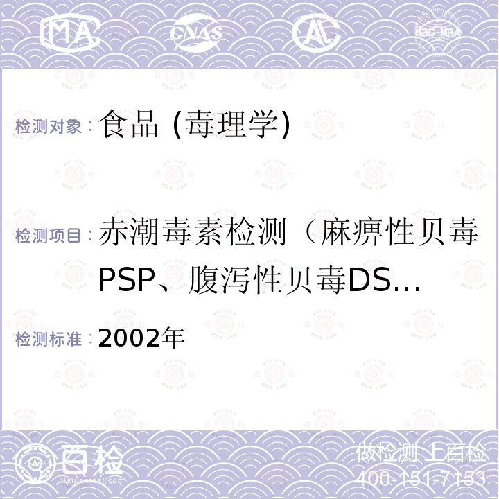 赤潮毒素检测（麻痹性贝毒PSP、腹泻性贝毒DSP） 赤潮毒素检测（麻痹性贝毒PSP、腹泻性贝毒DSP） 2002年
